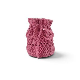 Handmade by Erika Liesel pink crochet drawstring bag made from soft premium yarn for jewelry or gift storage.