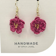 Handmade by Erika Liesel Bloom crochet flower earrings in deep pink with gold bead accents on hypoallergenic hooks.