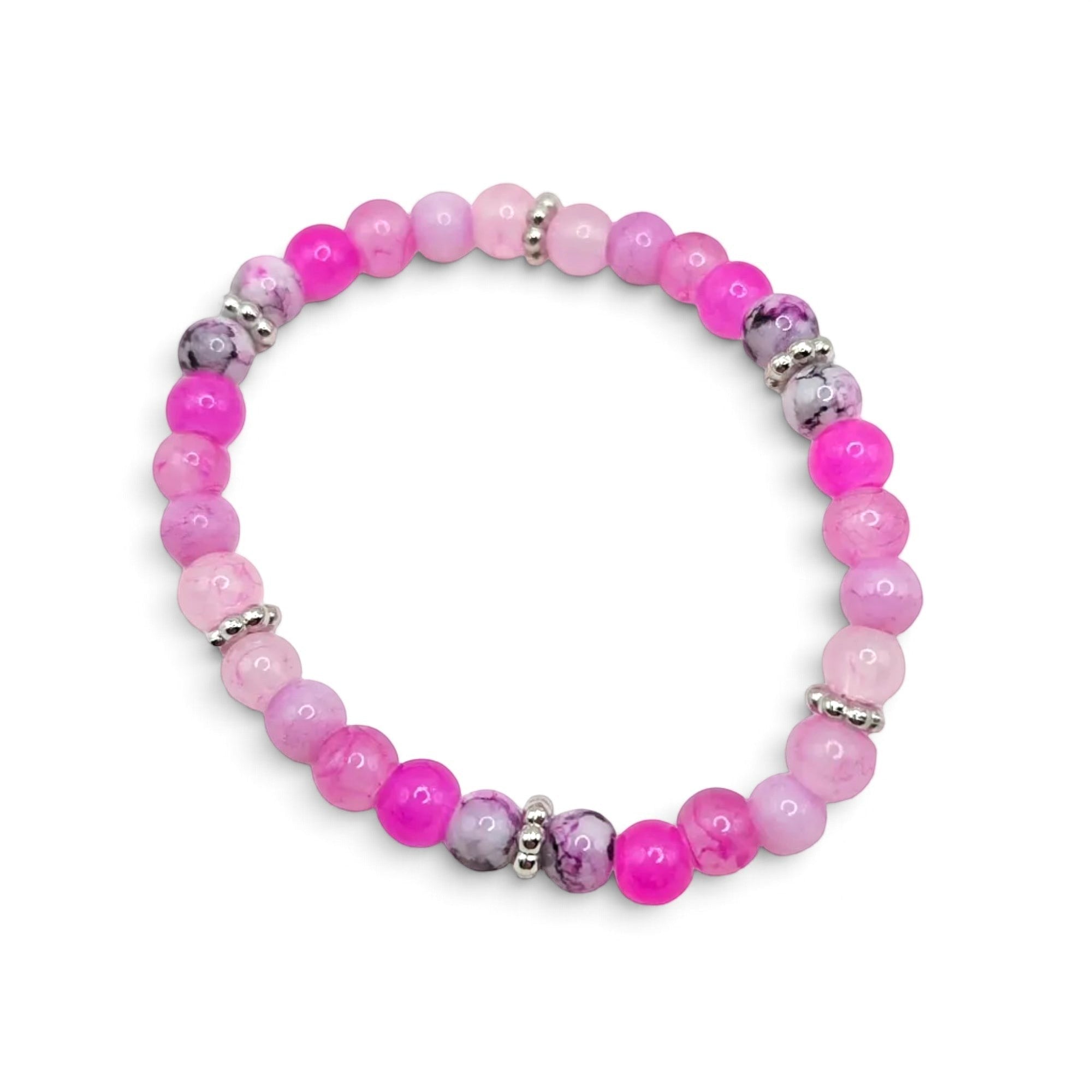 Handmade by Erika Liesel Pink Petal Bracelet featuring blush, bubblegum, and marbled pink glass beads with silver spacers