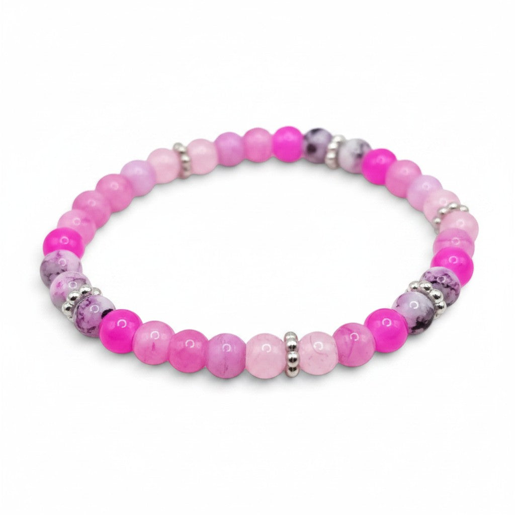 Handmade by Erika Liesel Pink Petal stretch bracelet with blush, bubblegum, and marbled pink glass beads and silver.