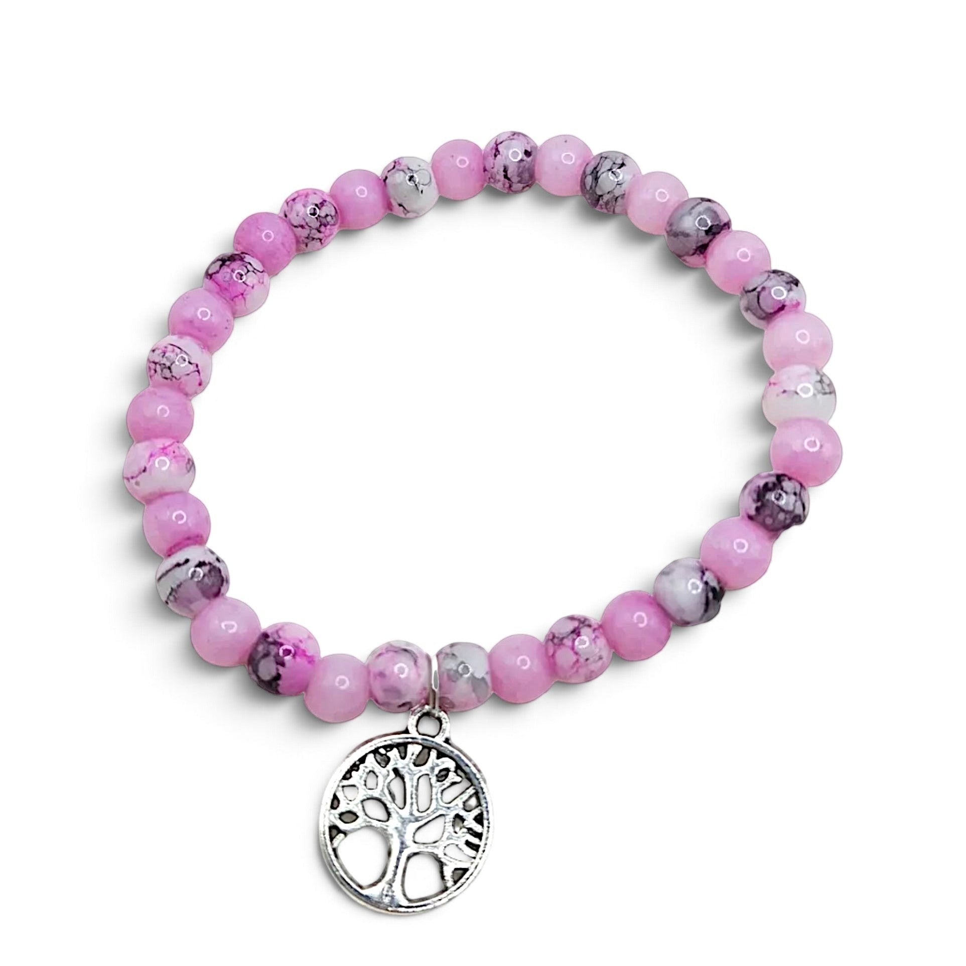 Handmade by Erika Liesel Blossom Tree Bracelet with pink and marbled rose glass beads and a silver Tree of Life charm