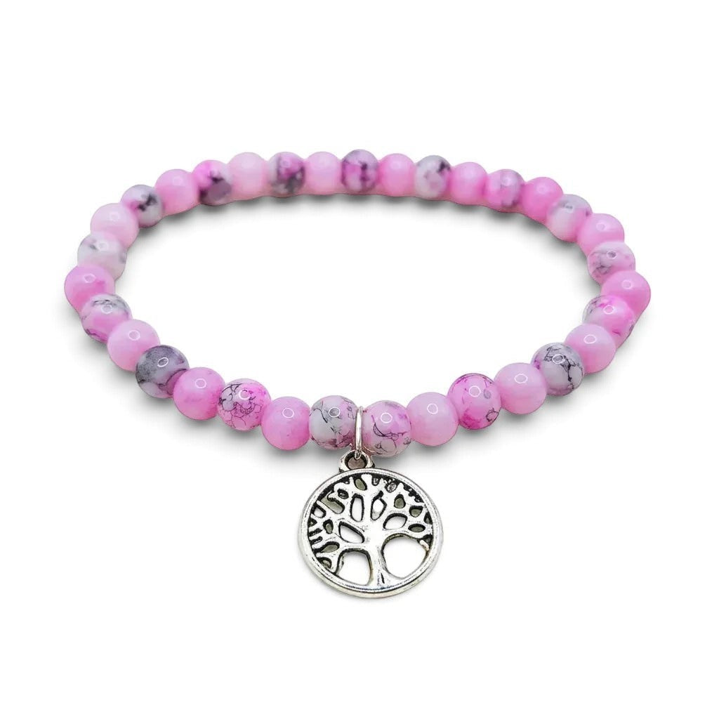 Handmade by Erika Liesel Blossom Tree Bracelet with pink marbled glass beads and a silver Tree of Life charm.
