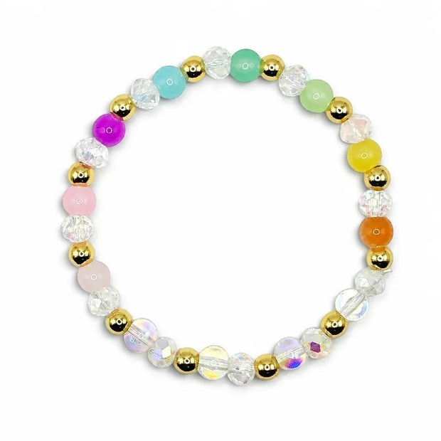 Handmade by Erika Liesel Prism Bracelet featuring colorful glass beads, iridescent crystals, and 18K gold-plated accents