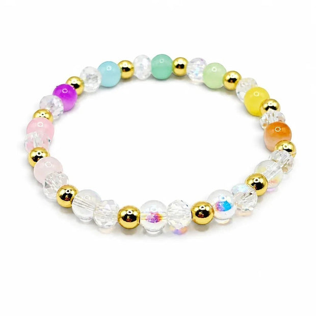 Handmade by Erika Liesel Prism Bracelet featuring colorful glass beads, iridescent crystals, and 18K gold-plated accents