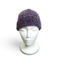 Handmade by Erika Liesel purple multi-tonal crochet beanie on a white mannequin head