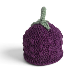 Handmade by Erika Liesel purple crocheted fruit gnome hat with a green stem, made from soft cotton yarn.