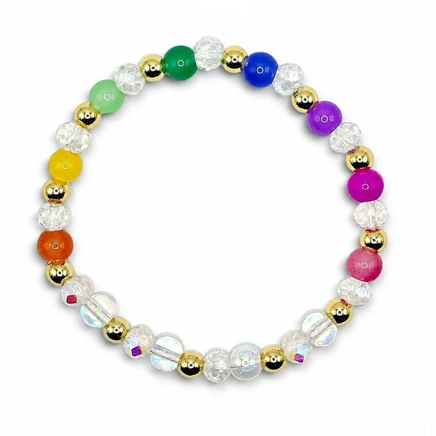 Handmade by Erika Liesel Aurora bracelet featuring vibrant rainbow glass beads, iridescent crystals, and gold accents.