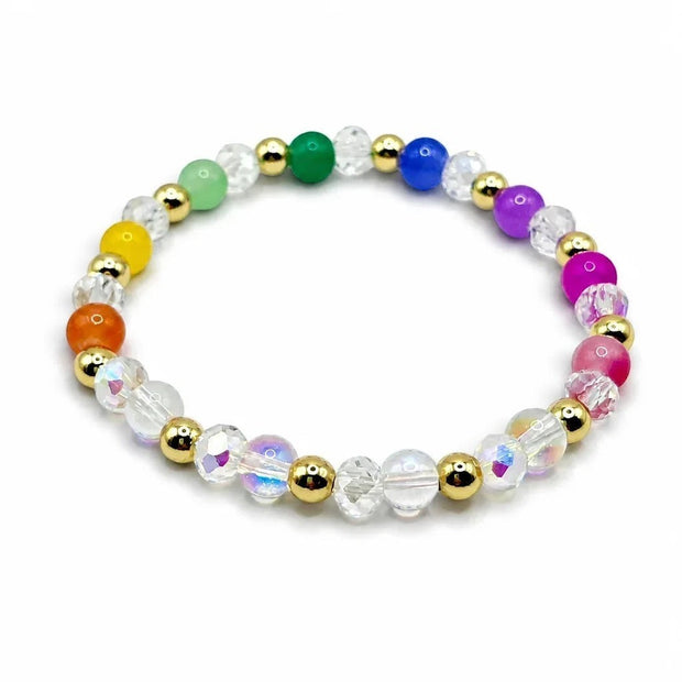 Handmade by Erika Liesel Aurora stretch bracelet featuring rainbow glass beads, iridescent crystals, and gold accents.