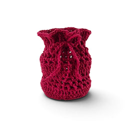 Handmade by Erika Liesel deep red crochet drawstring bag made from soft premium yarn for gift wrapping or storage.