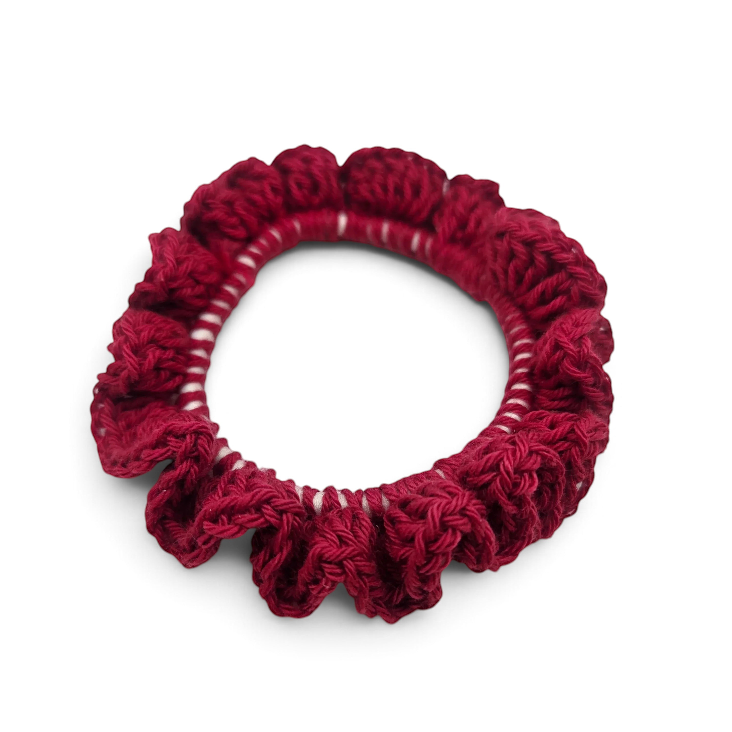 Handmade by Erika Liesel Luxe Touch deep red crochet scrunchie with a soft, textured ruffled design.