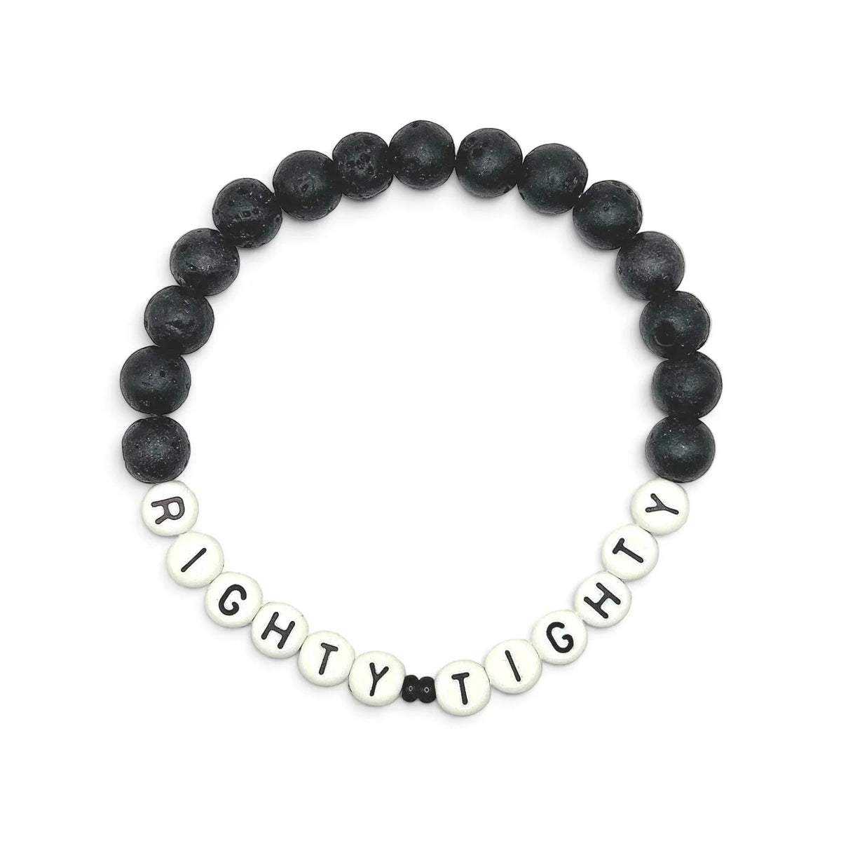 Handmade by Erika Liesel Righty Tighty men's bracelet featuring 8mm matte black lava stone and white letter beads.