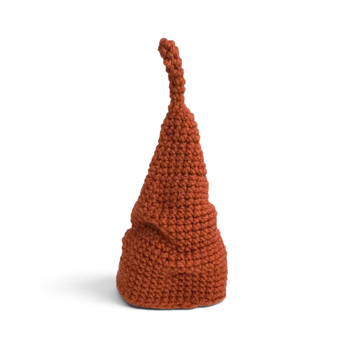 Handmade by Erika Liesel rust-colored crocheted cotton scrunchie gnome hat with a casual slouchy design.