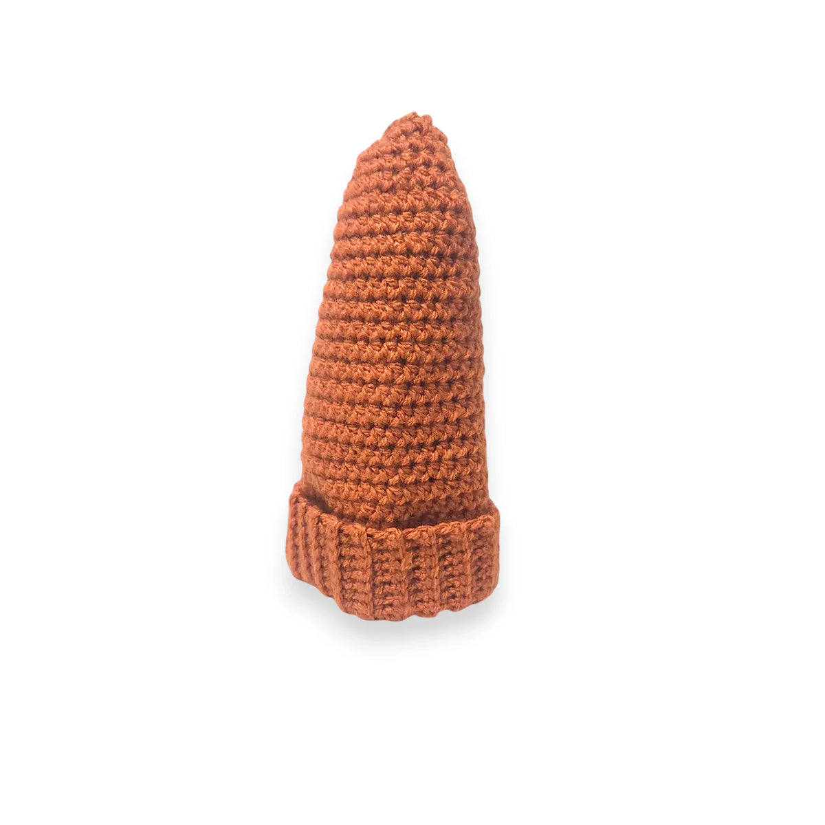 Handmade crochet beanie in warm rust color, cozy winter hat with ribbed brim, perfect gift for comfort lovers