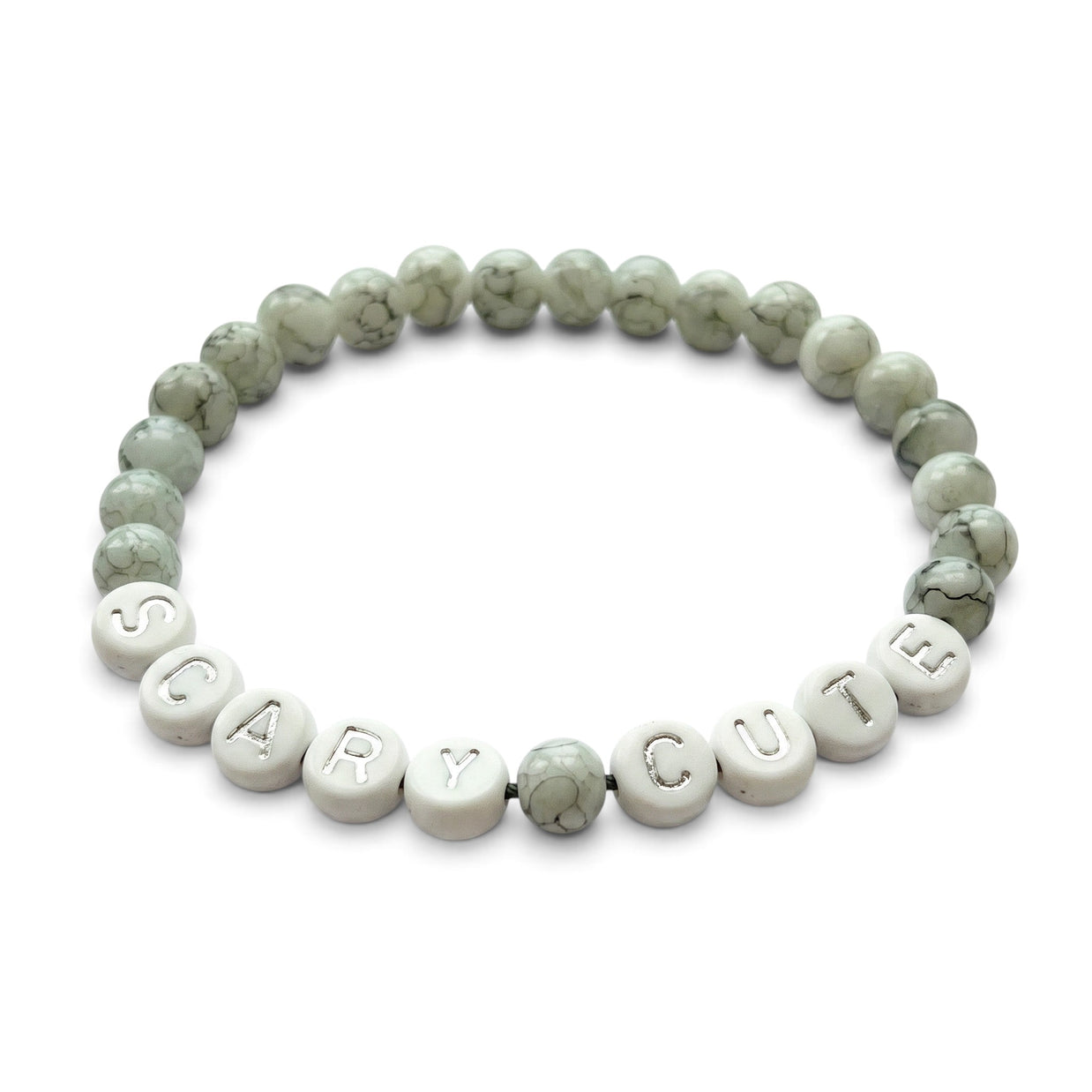 Handmade by Erika Liesel Scary Cute bracelet featuring gray marbled glass beads and silver lettered accent beads.
