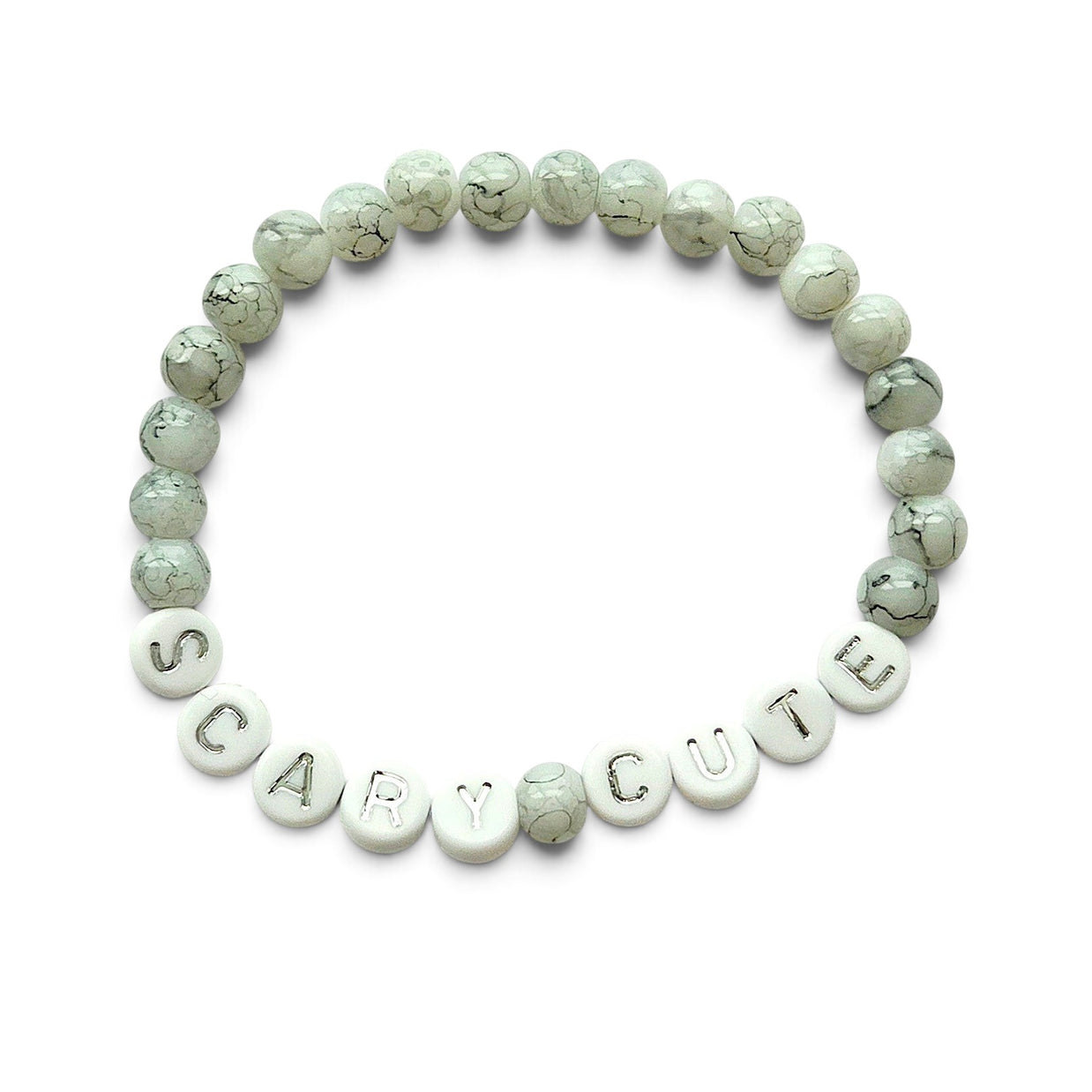 Handmade by Erika Liesel Scary Cute bracelet featuring marbled gray glass beads and silver lettered beads.