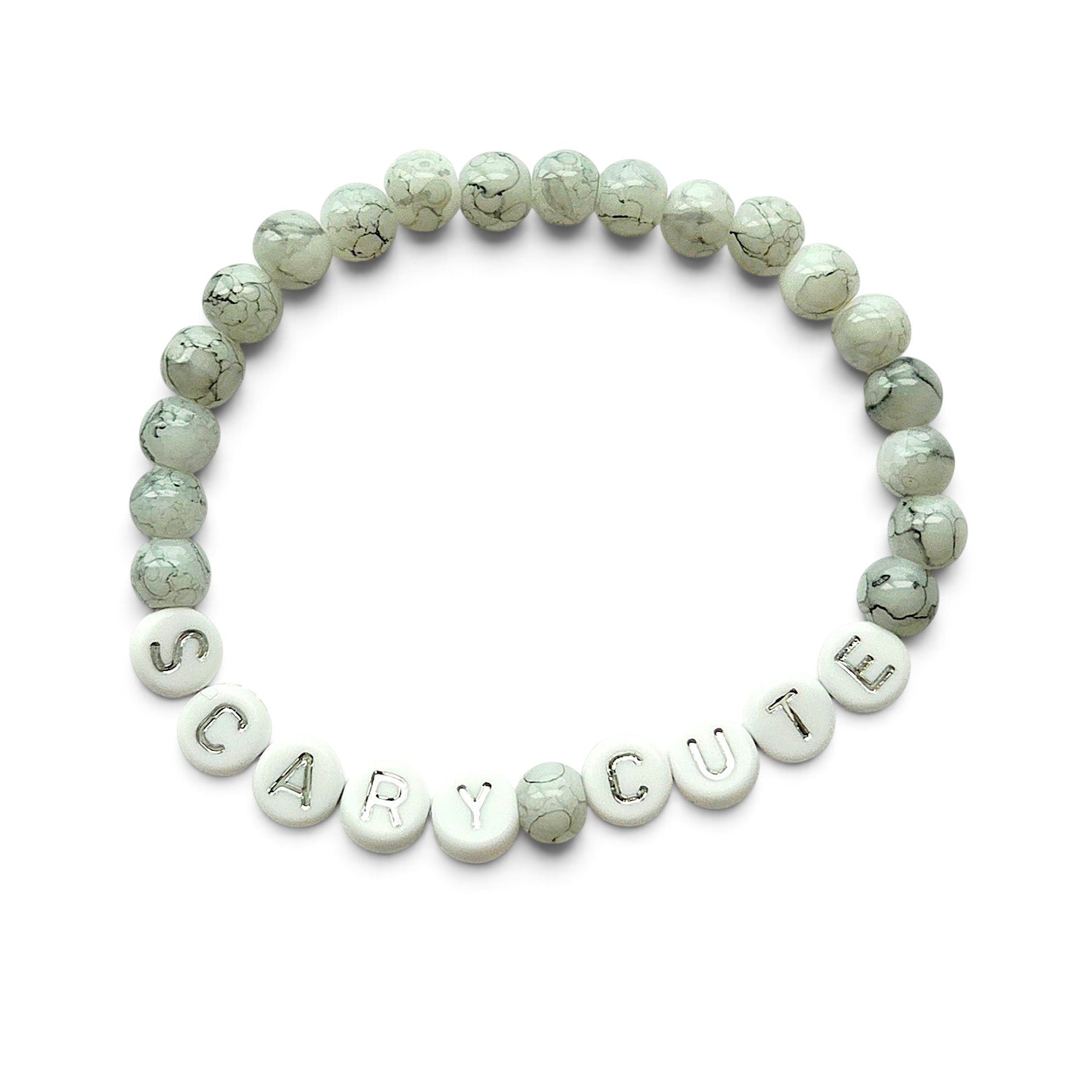 Handmade by Erika Liesel Scary Cute bracelet featuring marbled gray glass beads and silver lettered beads.
