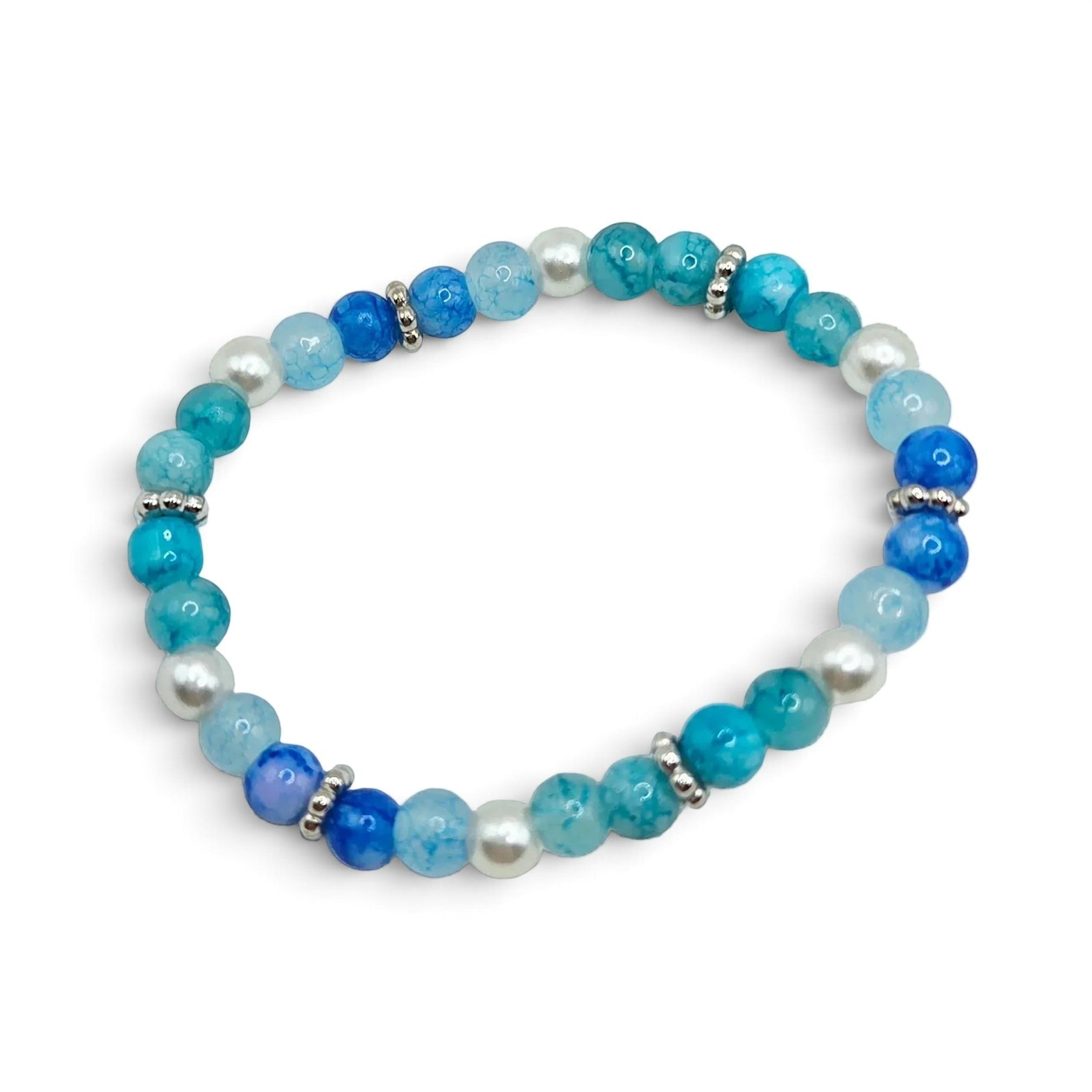 Handmade by Erika Liesel Sea Mist stretch bracelet featuring aqua and blue glass beads with pearls and silver spacers