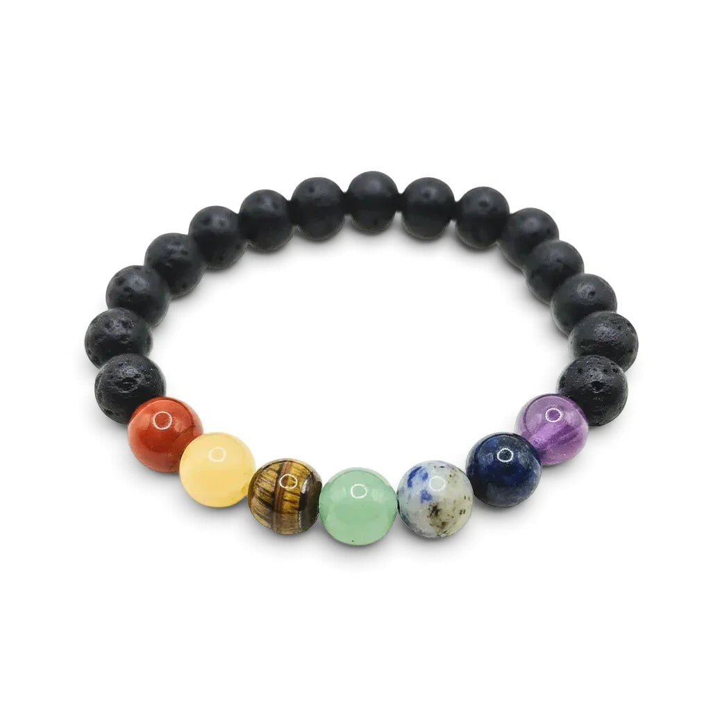 Handmade by Erika Liesel seven chakra bracelet featuring black lava stone beads and colorful genuine gemstone accents.