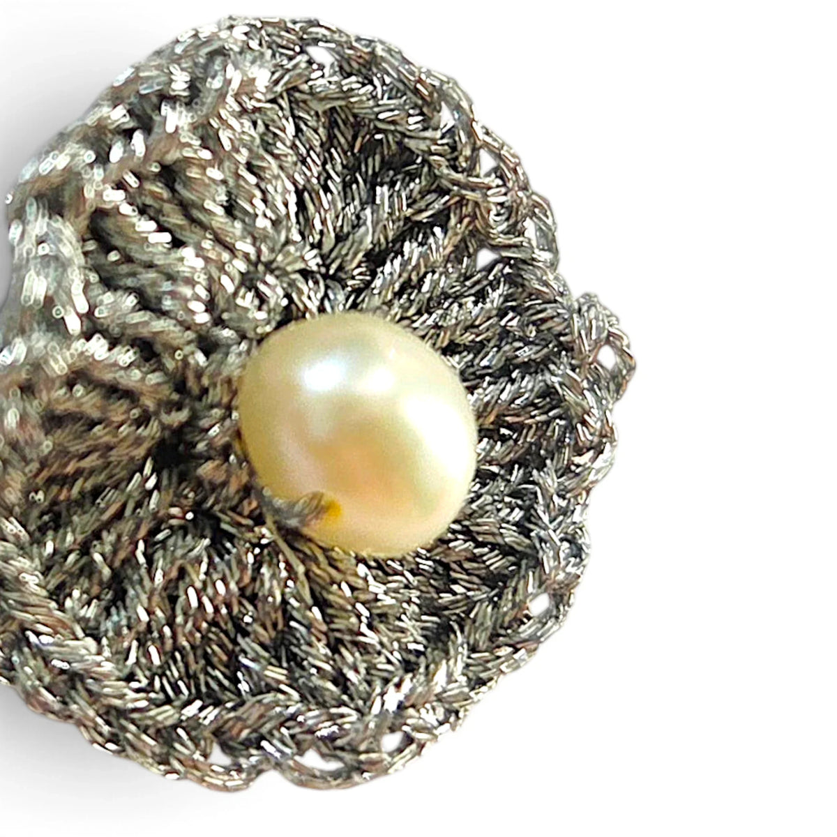 Handmade by Erika Liesel silver metallic crochet flower earrings featuring a genuine freshwater pearl drop.