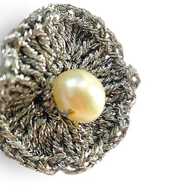 Handmade by Erika Liesel silver metallic crochet flower earrings featuring a genuine freshwater pearl drop.