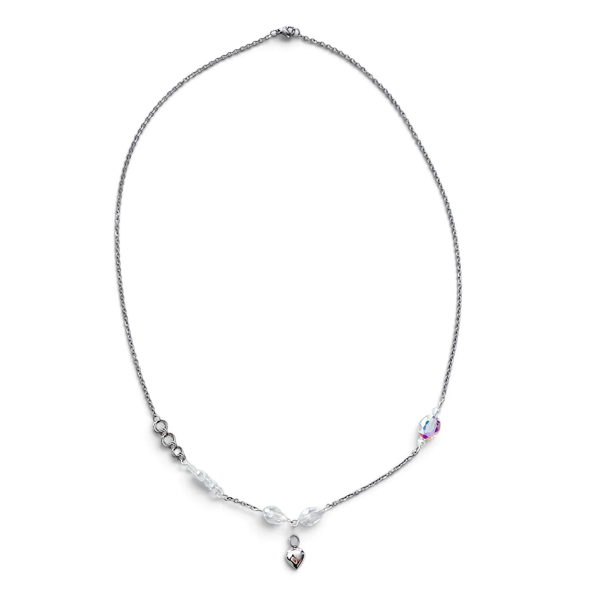Handmade by Erika Liesel silver-tone 24-inch layering necklace with iridescent crystal glass accents and heart charm