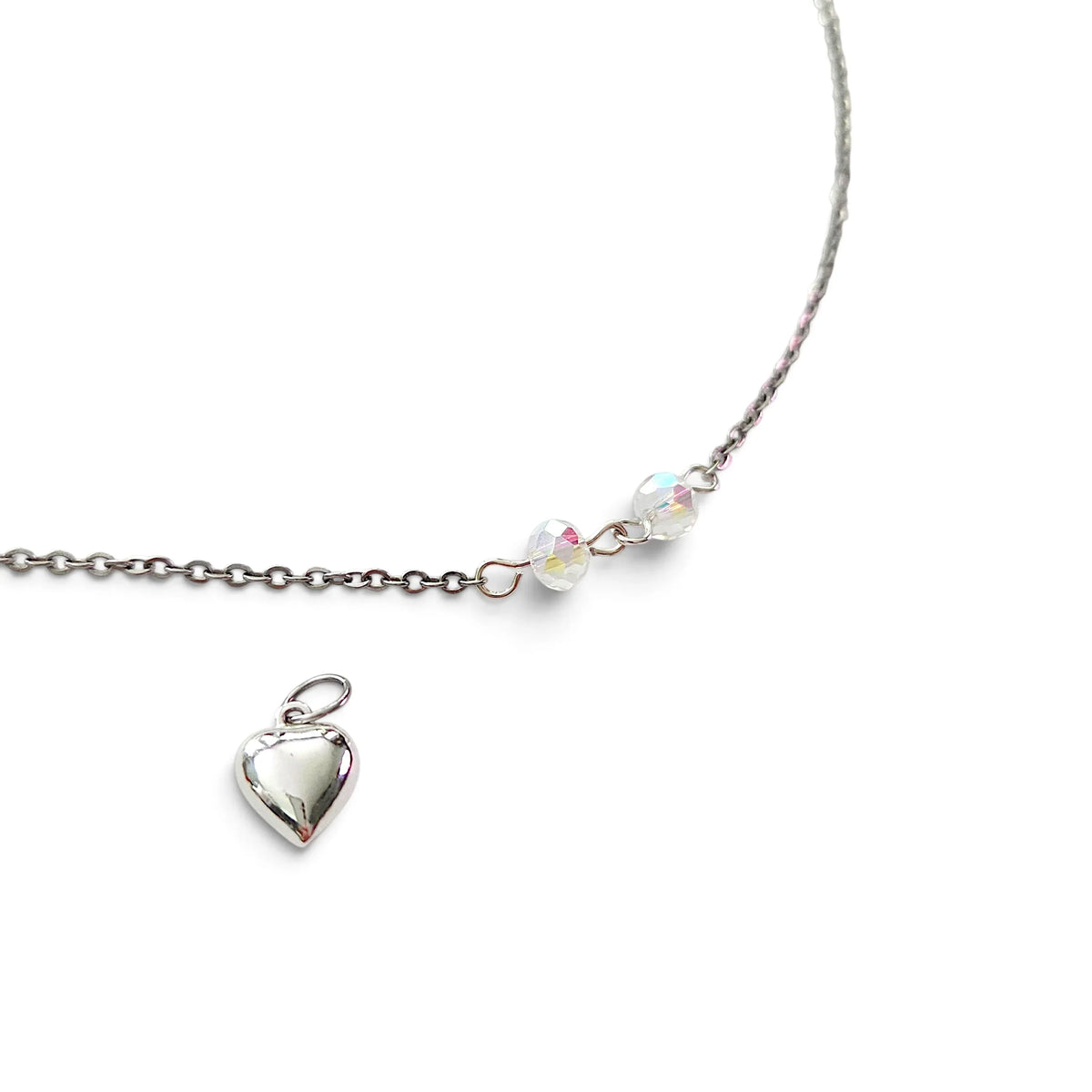 Handmade by Erika Liesel silver-tone 20-inch layering necklace with crystal glass accents and optional heart charm