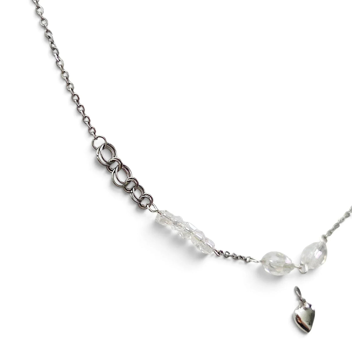 Handmade by Erika Liesel 24-inch silver layering necklace with hand-linked chain, iridescent crystals, and heart charm