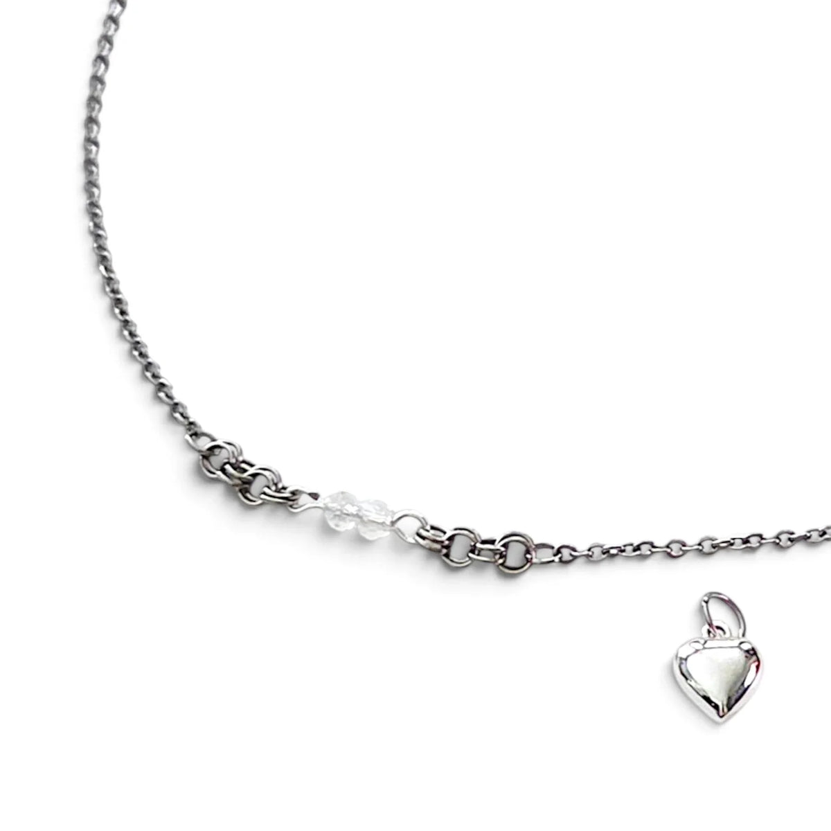 Handmade by Erika Liesel silver-tone 18-inch layering necklace featuring hand-linked chain, crystal accents, and heart charm
