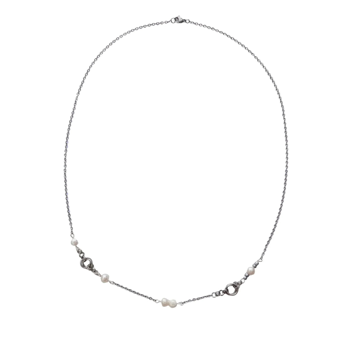 Handmade by Erika Liesel 24-inch silver stainless steel necklace featuring freshwater pearls and chainmail roses