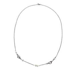Handmade by Erika Liesel 24-inch silver stainless steel necklace featuring freshwater pearls and chainmail roses