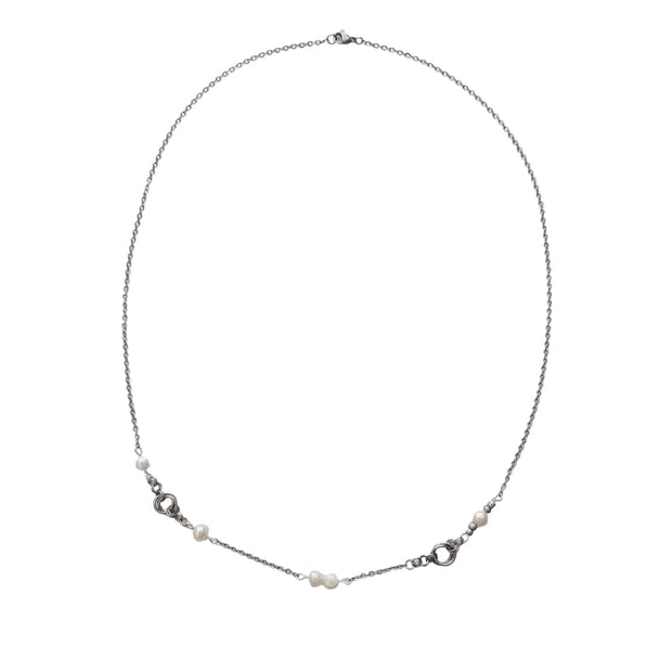 Handmade by Erika Liesel 24-inch silver stainless steel necklace featuring freshwater pearls and chainmail roses