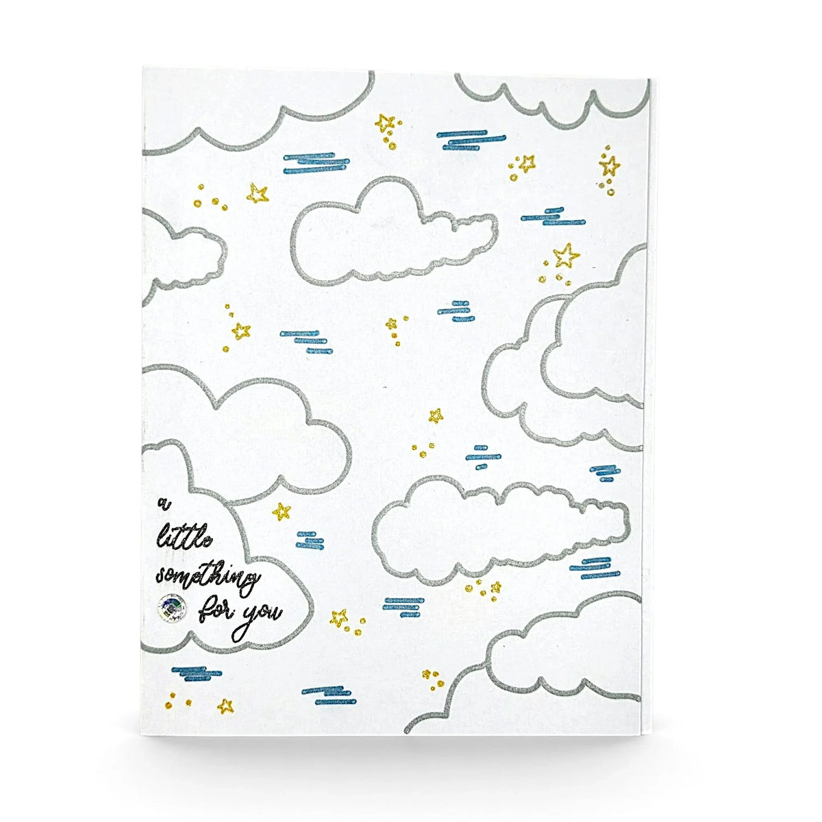 Handmade by Erika Liesel greeting card featuring a hand-drawn sky with silver clouds, blue dashes, and yellow stars.