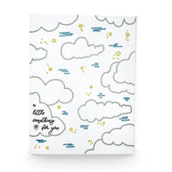 Handmade by Erika Liesel greeting card featuring a hand-drawn sky with silver clouds, blue dashes, and yellow stars.