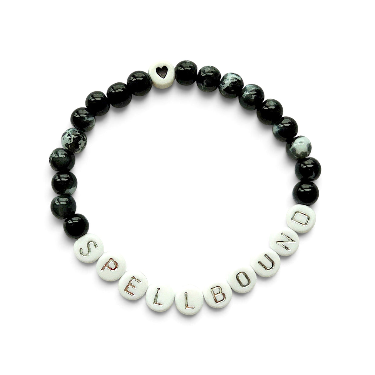 Handmade by Erika Liesel Spellbound stretch bracelet with glossy black glass beads and silver lettered beads.