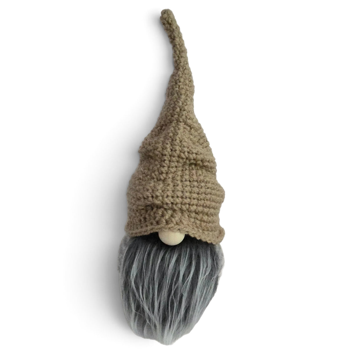 Handmade by Erika Liesel tan hand-crocheted cotton scrunchie gnome hat with a slouchy fit on a gnome head