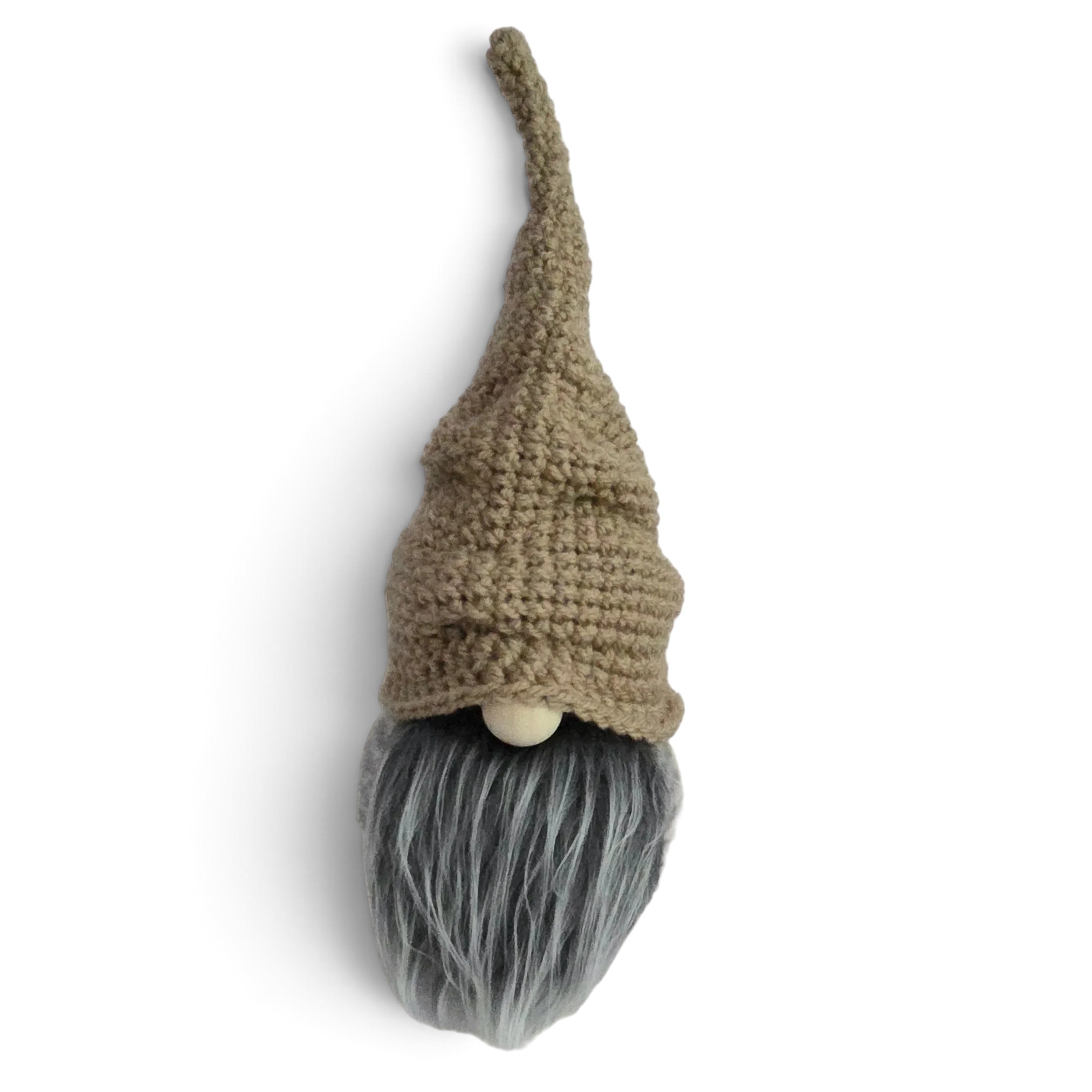 Handmade by Erika Liesel tan hand-crocheted cotton scrunchie gnome hat with a slouchy fit on a gnome head