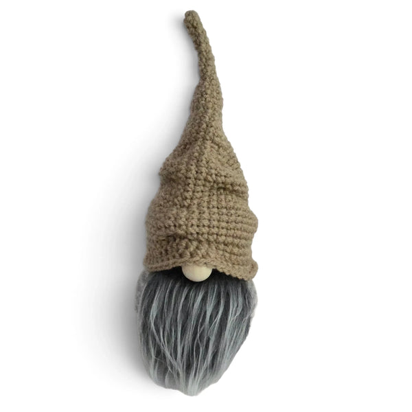 Handmade by Erika Liesel tan hand-crocheted cotton scrunchie gnome hat with a slouchy fit on a gnome head