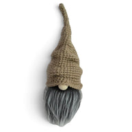 Handmade by Erika Liesel tan hand-crocheted cotton scrunchie gnome hat with a slouchy fit on a gnome head