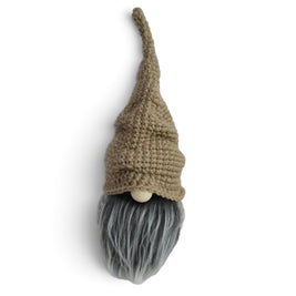 Handmade by Erika Liesel tan hand-crocheted cotton scrunchie gnome hat with a slouchy fit on a gnome head