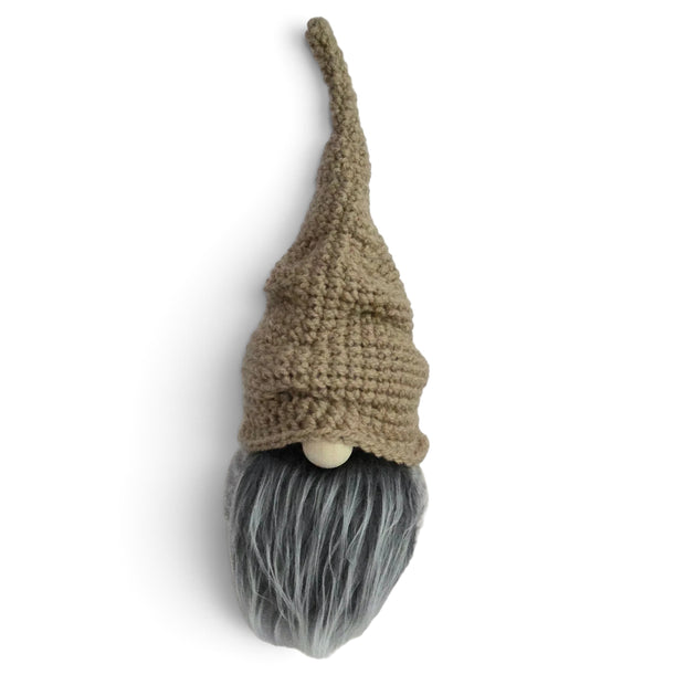 Handmade by Erika Liesel tan hand-crocheted cotton scrunchie gnome hat with a slouchy fit on a gnome head