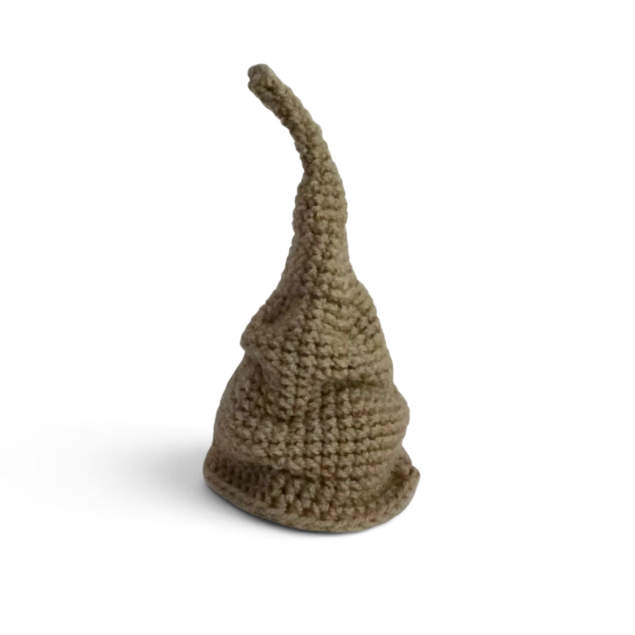 Handmade by Erika Liesel tan hand-crocheted cotton scrunchie gnome hat with a slouchy gathered design