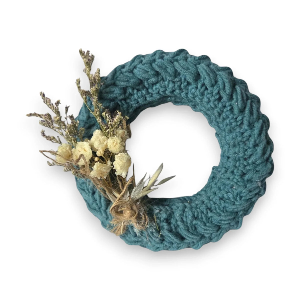 Handmade by Erika Liesel mini crochet wreath in teal with dried floral accents for home decor