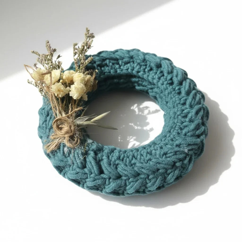 Handmade by Erika Liesel mini crochet wreath in teal with delicate dried floral accents for home decor styling.
