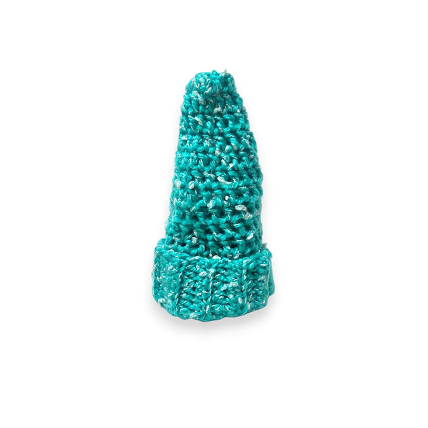 Handmade teal crochet Christmas tree decoration with white speckles, cozy holiday home decor