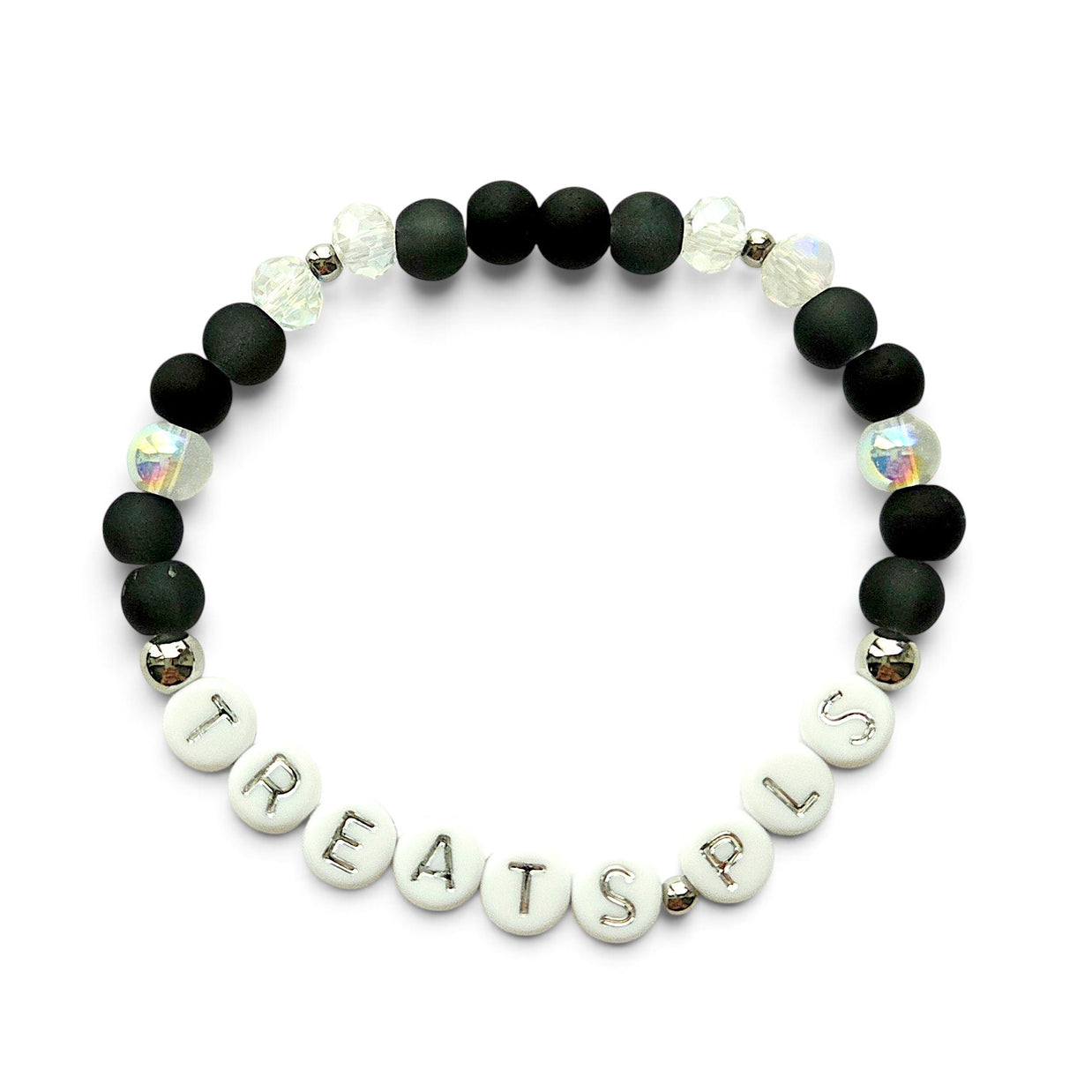 Handmade by Erika Liesel stretch bracelet with matte black beads, iridescent crystals, and TREATS PLS letter beads.