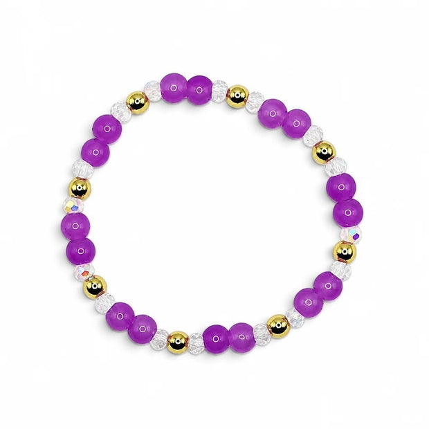 Handmade by Erika Liesel violet glass bead stretch bracelet with crystal accents and 18K gold-plated beads