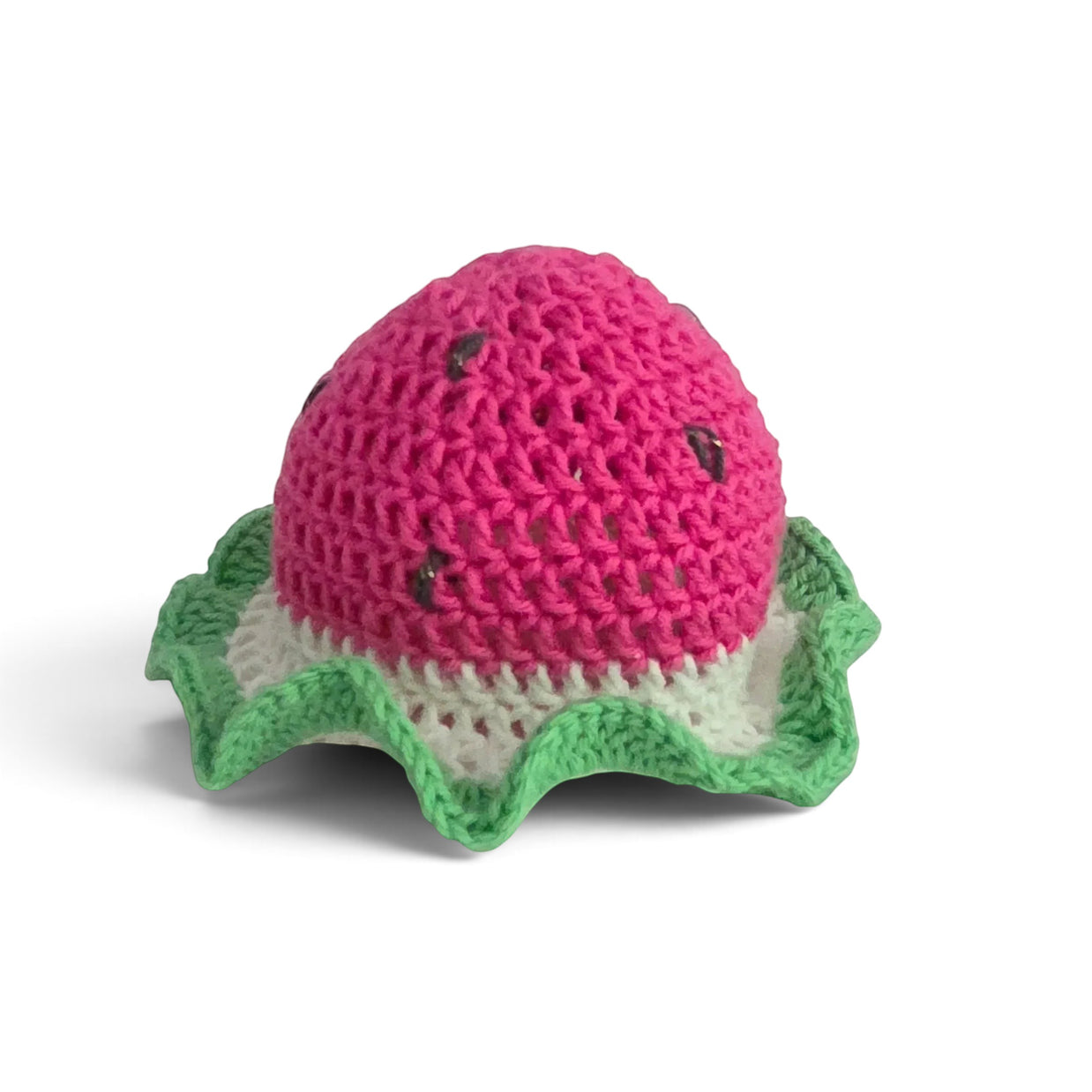 Handmade by Erika Liesel hand-crocheted watermelon gnome hat in pink, white, and green cotton yarn.