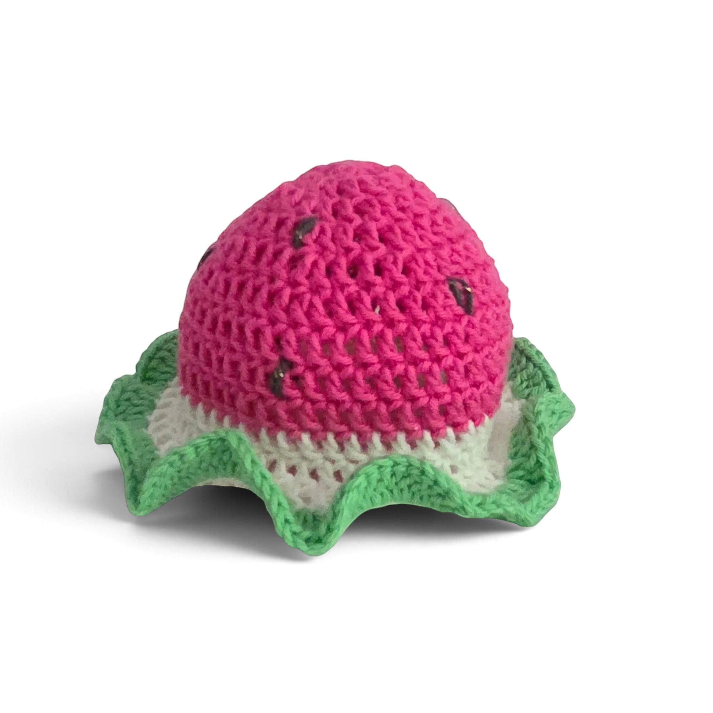 Handmade by Erika Liesel hand-crocheted watermelon gnome hat in pink, white, and green cotton yarn.