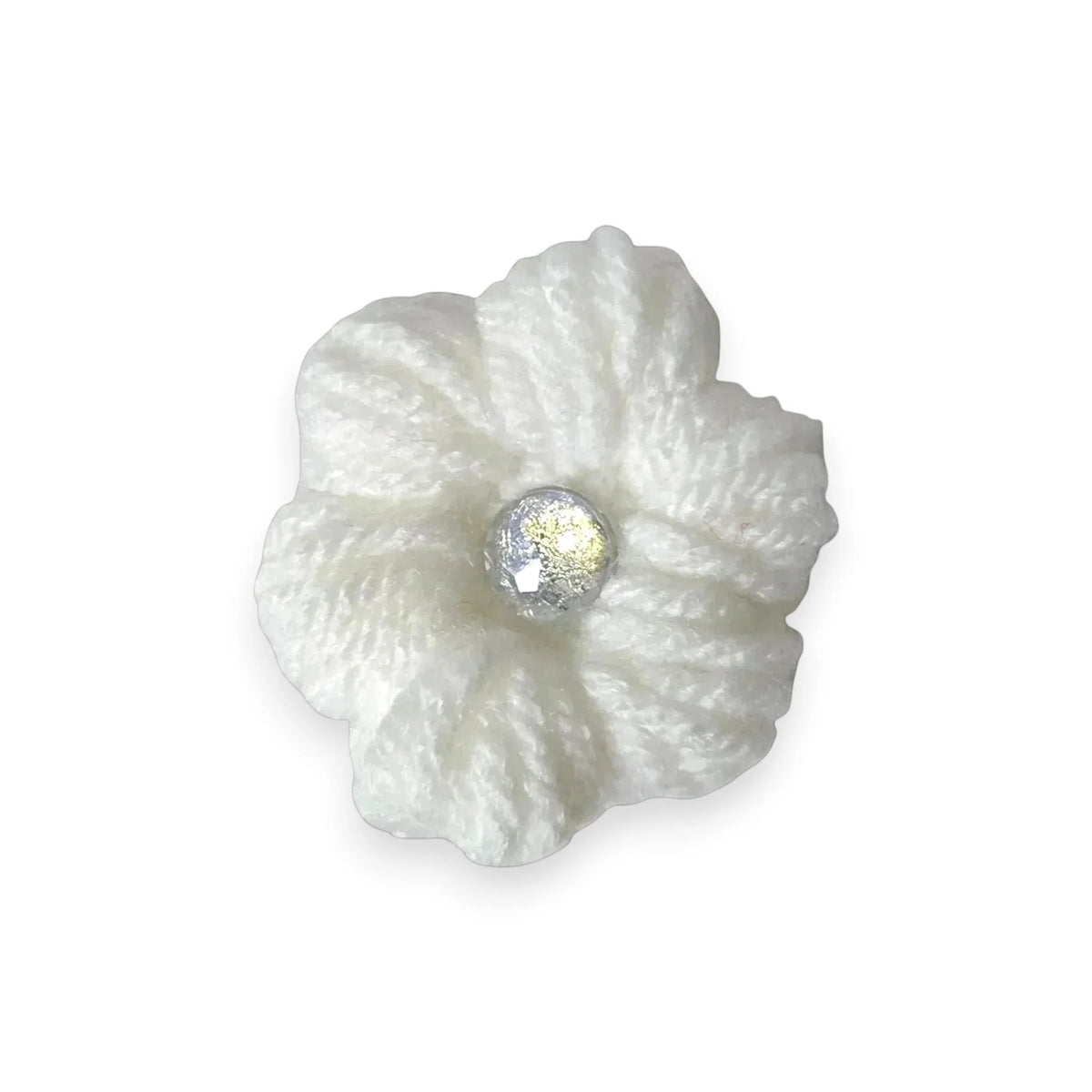 Handmade by Erika Liesel white crochet flower clip with a sparkling center for seasonal gnome decor
