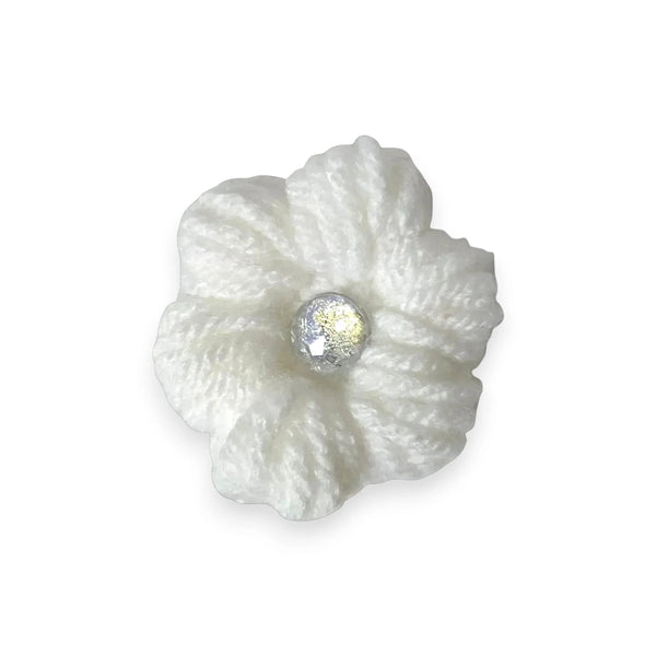 Handmade by Erika Liesel white crochet flower clip with a sparkling center for seasonal gnome decor